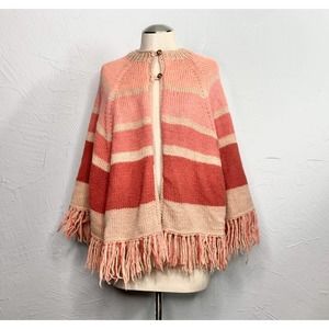 Vintage 60s 70s pastel pink hand knit poncho cape with fringe color block twee